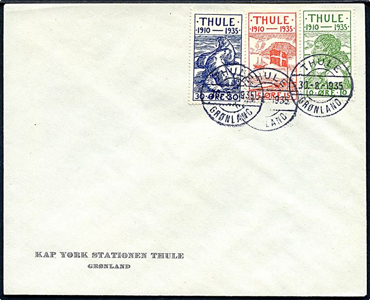 10 øre, 15 øre og 30 øre Thule udg. på uadresseret fortrykt kuvert fra Kap York Stationen Thule stemplet Thule Grønland d. 30.8.1935.