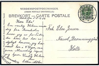 5 øre Fr. VIII på brevkort annulleret med brotype Ia Lobbæk d. 8.8.1908 til Holte.