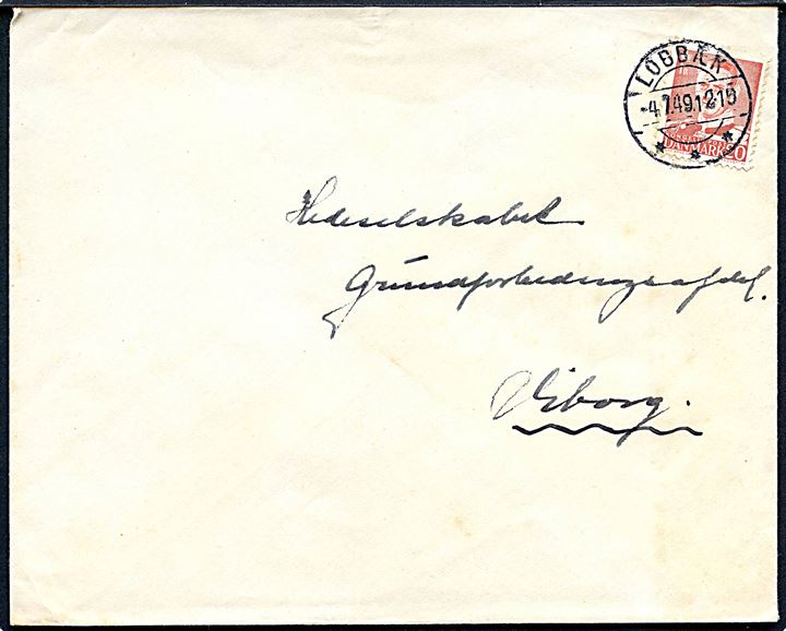 20 øre Fr. IX på brev annulleret med brotype IIc Lobbæk d. 4.7.1949 til Viborg.