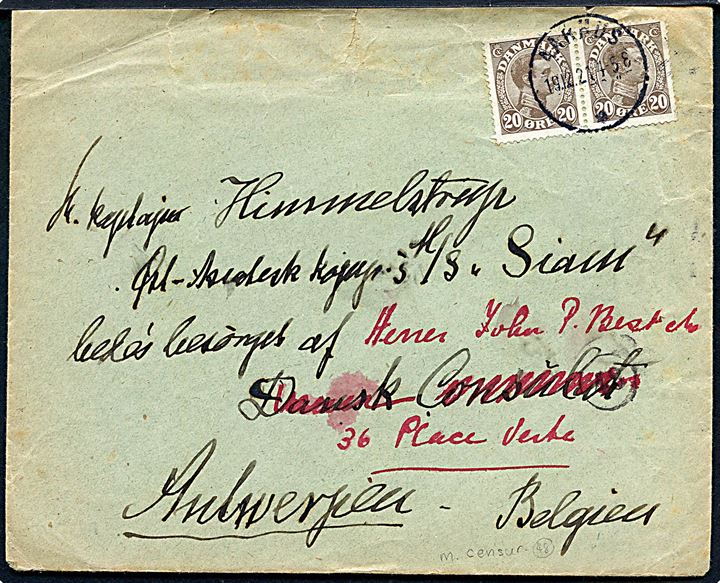 20 øre Chr. X i parstykke på brev fra Aarhus d. 19.12.1921 til kaptajn ombord på ØK-skibet M/S Siam i Antwerpen, Belgien.