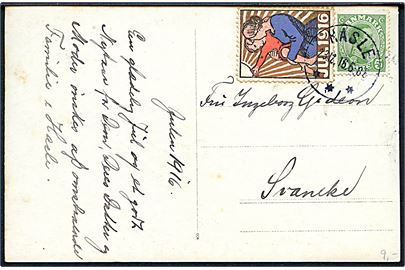 5 øre Chr. og Julemærke 1916 på brevkort (Familie i have) annulleret med brotype IIIb Hasle d. 23.12.1916 til Svaneke.