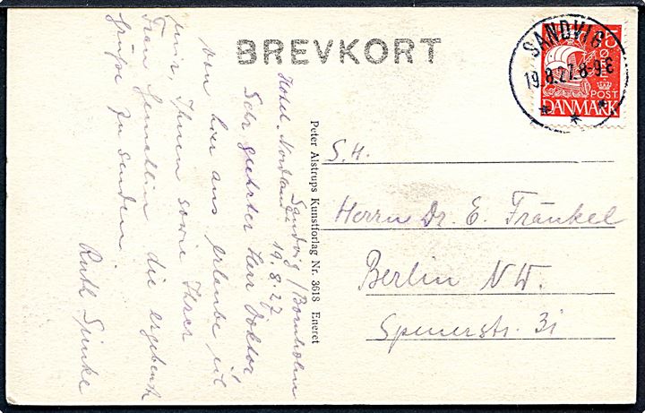15 øre Karavel på brevkort annulleret med brotype IIIb Sandvig d. 19.8.1927 til Berlin, Tyskland.