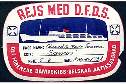 DFDS bagage mærkat anvendt af passager ombord på M/S Samos d. 8.3.1958. Har været opklæbet.