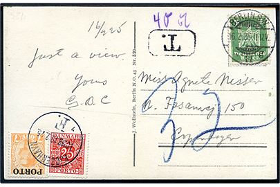 Tysk 5 pfg. Adler på underfrankeret brevkort fra Berlin d. 16.2.1925 til København. Udtakseret i porto med 7 øre Chr. X Porto-provisorium og 25 øre Portomærke stemplet Kjøbenhavn F. d. 18.2.1925.