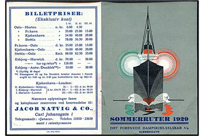 DFDS Sommerruter 1929. Lille illustreret rute og prisliste.