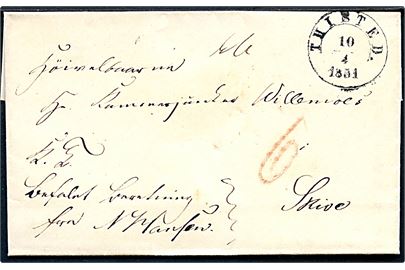 1851. Tjenestebrev mærket Befalet Beretning fra Nørhaa Sogn med 1½ ringsstempel Thisted. d. 10.4.1851 til Skive. Påskrevet 6 sk. porto. 