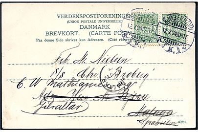5 øre Våben i parstykke på brevkort annulleret Kjøbenhavn d. 12.7.1904 til S/S Chr. Broberg i Malaga, Spanien - eftersendt til Gibraltar med ank.stempel d. 17.7.1904. Hidtil ukendt destination for brevkort jf. Karsten Jensen.