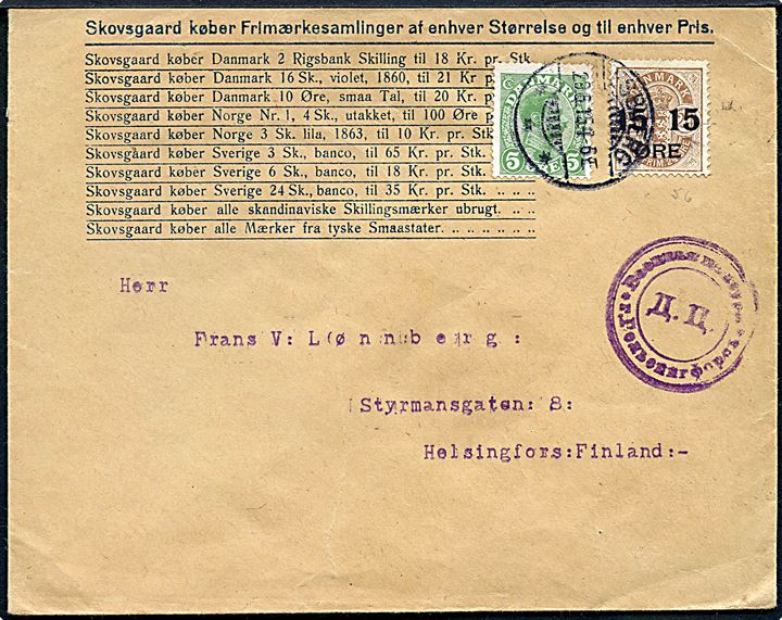 5 øre Chr. X og 15/24 øre Provisorium på brev fra Esbjerg d. 29.6.1915 til Helsingfors, Finland. Russisk censur fra Helsingfors.
