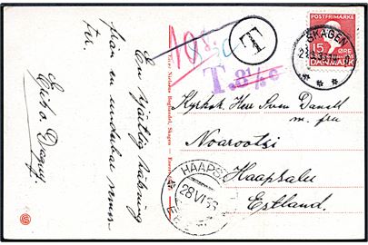 15 øre H. C. Andersen på brevkort (Den svenske kirke, Skagen) fra Skagen d. 24.6.1936 til Haapsalu, Estland. Fejlagtigt udtakseret i porto med sort T-stempel og violet T. 8 1/3 c.