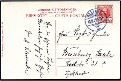 10 øre Fr. VIII på brevkort annulleret med tydeligt brotype Ia Allinge S. d. 13.8.1908 til Bernburg, Tyskland.