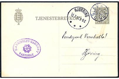 3 øre Tjenestebrevkort sendt lokalt fra Harritslev-Rakkeby pastorat annulleret med stjernestempel HARRITSLEV og sidestemplet Hjørring d. 12.7.1917 til Hjørring.