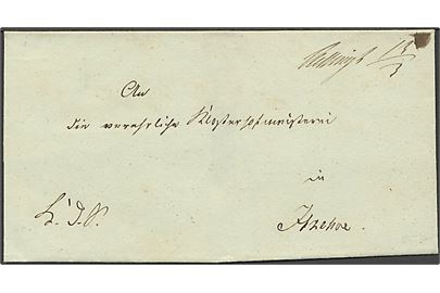 1853 ca. Ufrankeret K.d.S. tjenestebrev fra Kellinghusen med håndskrevet bynavn og dato Kellingh. 13/3 (ca. 1853) til Itzehoe.