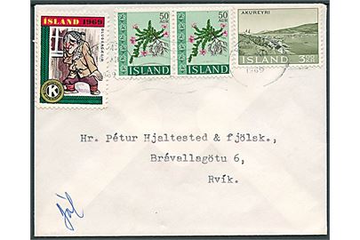 50 aur Blomster (2) og 3 kr. Akureyri, samt Kiwanis Klub Julemærke 1969 på lokalt julebrev i Reykjavik d. 16.12.1969.