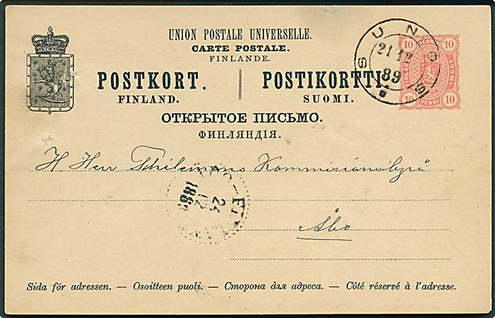 10 pen. Våben helsagsbrevkort annulleret med 2-rings stempel Sunds d. 21.12.1889 til Åbo, Finland. Ank.stemplet d. 24.12.1889.