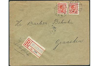 25 øre Chr. X (2) på anbefalet brev annulleret med brotype IIb Holbøl d. 2.4.1925 til Graasten. Blanko-rec. etiket med sort liniestempel “Holbøl”. Pænt brev.