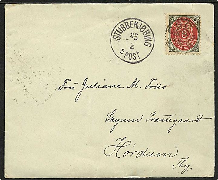 8 øre Tofarvet på brev annulleret med stjernestempel BOGØ og sidestemplet lapidar Stubbekjøbing d. 25.2.1898 til Hørdum, Thy. Mærke med mgl. hjørnetak.