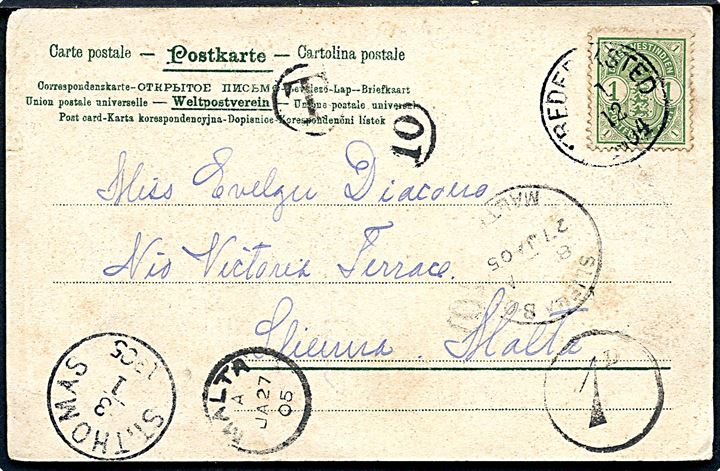 1 cent Våben på for- og bagside af brevkort (Kul lastes på S/S “Valesia”) fra Frederiksted d. 1.12.1904 til Sliema, Malta. Fejlagtigt udtakseret i 1d porto. Meget usædvanlig destination. Kortet lidt løst.