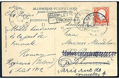 10 aur Fr. VIII på brevkort fra Reykjavik d. 6.8.1912 med transitstempel “Ship Letter Troon” til Bad Rippoldsau, Schwarzwald, Tyskland - eftersendt til Paris, Frankrig.