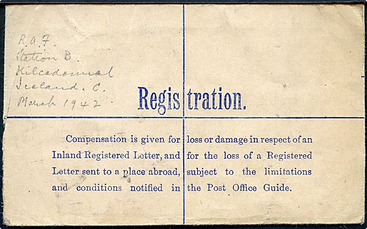3d George VI anbefalet helsagskuvert påskrevet On Active Service Overseas stemplet Field Post Office 307 (= Reykjavik) d. 7.3.1942 til Chopwell, England. Violet RAF censor no. 287. 