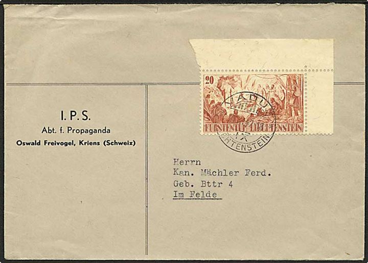 20 rp. på brev fra Vaduz d. 27.11.1942 til feltpostadresse i Schweiz. 