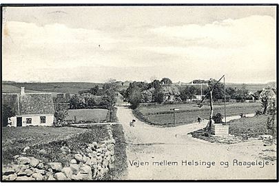 Vejen mellem Helsinge og Raageleje. Stenders no. 5869. Frankeret med 5 øre FR. VIII annulleret med lapidar Græsted d. 20.7.1908.