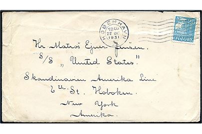 25 øre Karavel på brev fra København d. 22.10.1931 til sømand ombord på S/S United States, Skandinavien-Amerika Linie i New York, USA.