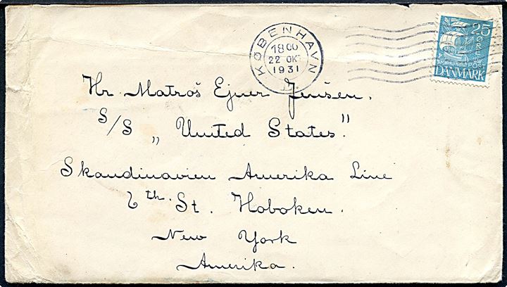 25 øre Karavel på brev fra København d. 22.10.1931 til sømand ombord på S/S United States, Skandinavien-Amerika Linie i New York, USA.