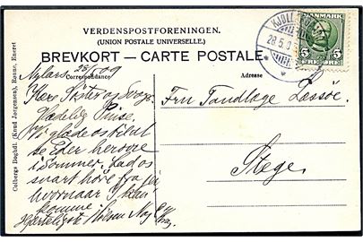 5 øre Fr. VIII på brevfort dateret Nylars annulleret med brotype Ia Kjøllergaard d. 28.5.1909 til Stege.