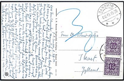 Ufrankeret brevkort (Figentræet i Gudhjem) stemplet Sandvig d. 8.8.1943 til Ikast. Udtakseret i porto med 15 øre Portomærke (par) stemplet Ikast.