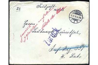 Ufrankeret feltpostbrev fra Dirschau d. 16.8.1918 til Løjtnant i Infanteri Regiment 359. Retur med påskrift Zurück gefallen auf dem Felde der Ehre. 