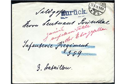 Ufrankeret feltpostbrev fra Dirschau d. 13.8.1918 til Løjtnant i Infanteri Regiment 359. Retur med påskrift Zurück auf dem Felde der Ehre gefallen. 