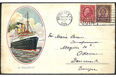 2 cents og 3 cents på illustreret korrespondancekort fra S/S Polonia Baltic America Line fra Brooklyn d. 14.11.1929 til Odense, Danmark.
