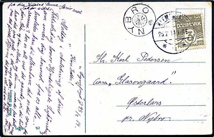 3 øre Bølgelinie på lokalt brevkort annulleret Klemensker d. 25.2.1914 til Østerlars pr. Nybro. Ank.stemplet med stjernestempel NYBRO (Type II).