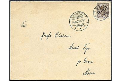 20 øre Chr. X på brev annulleret med stjernestempel AARSDALE og sidestemplet Svaneke d. 16.11.1923 til Møens Fyr pr. Borre.