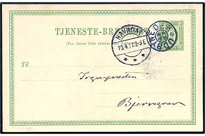 5 øre Tjenestebrevkort annulleret med stjernestempel UDBYNEDER og sidestemplet Havndal d. 10.4.1917 til Bjerregrav.