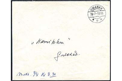 Ufrankeret indenrigsbrev stemplet Umanak d. 28.7.1955 til Godthåb. Noteret: Modt. 8/8 kl. 9.30.