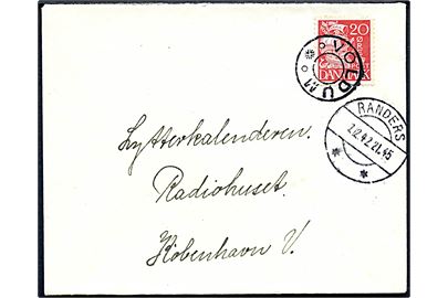 20 øre Karavel på brev annulleret med udslebet stjernestempel VOLDUM og sidestemplet Randers d. 7.12.1942  til København.