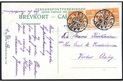1 øre Bølgelinie i 3-stribe på lokalt brevkort dateret d. 3.11.1912 annulleret med stjernestempel VESTER-AABY.