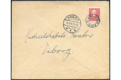 20 øre Chr. X på brev annulleret med udslebet stjernestempel VALSGAARD og sidestemplet Hobro d. 4.1.1945 til Viborg.