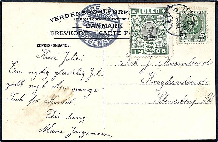 5 øre Chr. IX og Julemærke 1906 på brevkort (Brøndstrup) annulleret med stjernestempel UGGERSLEV og sidestemplet bureau Odense - Bogense T.7 d. 23.12.1906 til Stenstrup St.