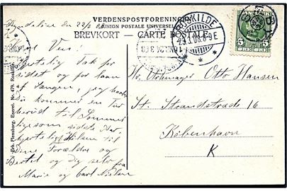 5 øre Fr. VIII på brevkort (Parti fra Lille Karleby) annulleret med stjernestempel SÆBY og sidestemplet Roskilde d. 23.3.1908 til København.