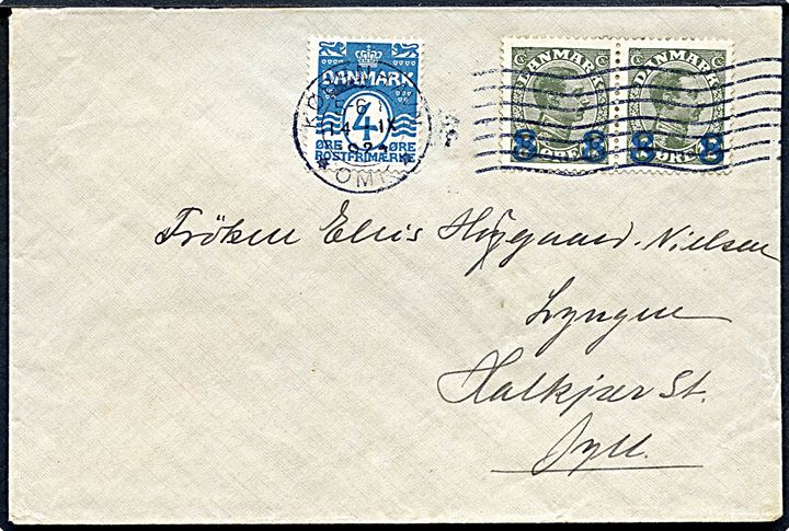 4 øre Bølgelinie og 8/12 øre Provisorium i parstykke på brev fra København d. 14.9.1925 til Halkjær St.