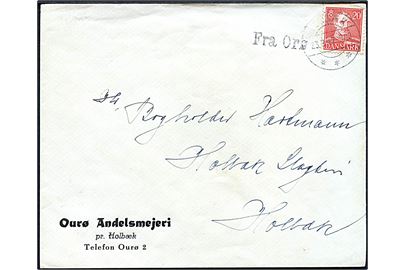 20 øre Chr. X på brev fra Ourø Andelsmejeri annulleret Holbæk d. 23.9.1947 og sidestemplet Fra Orø til Holbæk.