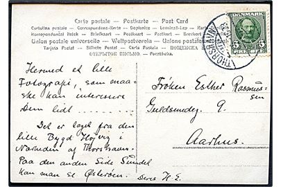 5 øre Fr. VIII på brevkort (klipper ved bygden Højvik nær Thorshavn) annulleret med brotype Ig Thorshavn d. 9.?.1908 til Aarhus.