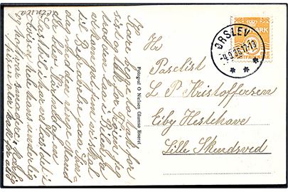 10 øre Bølgelinie på brevkort (Averst kirke og præstegård) annulleret med brotype IIIc Ørslev d. 4.9.1936 til Lille Skensved.