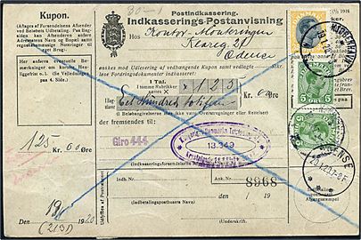5 øre (2) og 35 øre Chr. X på retur Indkasserings-Postanvisning fra Kjøbenhavn d. 19.1.1920 til Odense.