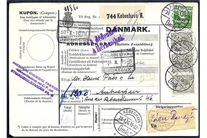 10 øre Bølgelinie og 50 øre Chr. X i 3-stribe på 160 øre frankeret internationalt adressekort for pakke fra Kjøbenhavn d. 26.1.1929 via Hamburg og Köln til Antwerpen, Belgien. 