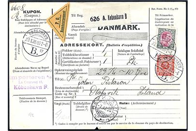 20 øre Frimærkejubilæum og 2 kr. Chr. X (defekt) på 220 øre frankeret internationalt adressekort for pakke med postopkrævning fra København d. 20.3.1926 via Reykjavik d. 7.4.1926 til Olafsvik, Island.