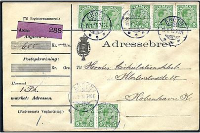 5 øre Chr. X (7) på adressebrev for værdipakke fra Arden d. 15.3.1915 til Kjøbenhavn.