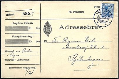 20 øre Chr. X single på adressebrev for pakke fra Hillerød d. 6.6.1914 til København.
